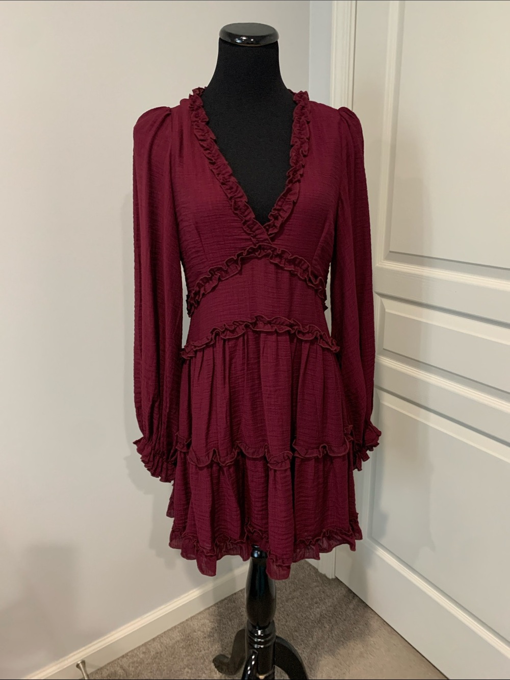 Altar'd State Wine Ruffle V-Neck Long Sleeve Dress